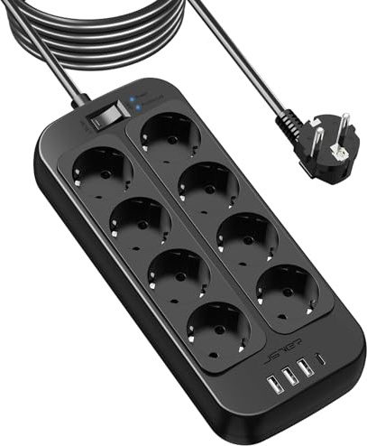 JSVER Regleta con Protección Sobretensión - 8 Tomas de Corriente y Puertos USB (5V3,4A) - Estación de Carga Inteligente, Enchufe Multiple con Cable 5M-Negro