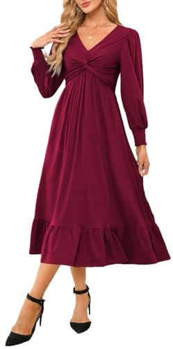 Dokotoo Spring Dresses for Women 2026 Fashion Casual V-Neck Long Sleeve Empire Waist Wedding Guest Dress Pockets Ruched Flowy Maxi Dress Wine Large