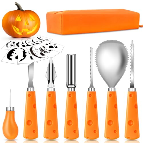 ECtury Pumpasnidningsset, 7 stycken pumpasnidsset barn 10 snidmallar, halloween snidverktyg pumpa, kastanjeborr barn, halloween pyssel barn, halloween dekoration för familj
