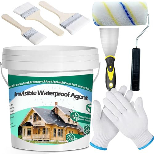 QUKLOGEN 102Fl.oz Impermeable Invisible Pintura Impermeable Interior y Exterior Juego de Sellador Líquido Transparente con Cepillos de Madera,Rascador,Rodillo de Pintura,Guantes de Trabajo ﻿