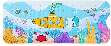 Bathsafe Kids Extra Long Bath Mat for Tub Cartoon Print Anti Mould Bathtub Mat with Drain Hole Suction Cup Lovely Baby Toddler Safety Non Slip Shower Mat Extra Large Bath Mat for Child 100x40CM,Turtle