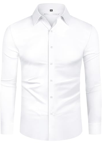 DEMEANOR Camicia da uomo elasticizzata, a maniche lunghe, per il tempo libero, slim fit, da uomo, da lavoro, da uomo, non necessita di stiratura, Bianco reale, S