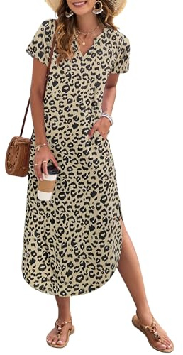 AUSELILY Women's Summer Casual Maxi Dress Short Sleeves V Neck Loose Sundress Split Long Beach Shirt Dress Vacation Leopard XL
