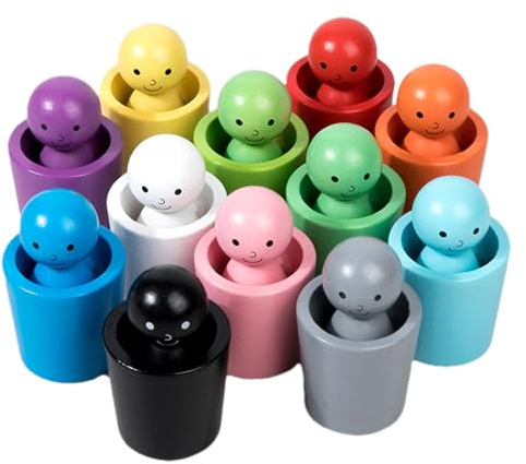 Poupées À Chevilles en Bois avec Tasses | Jouet Éducatif De Tri des Couleurs Arc-en-Ċiel pour Ènfants | Jeu Sensoriel Ṁontessori pour Filles Et Garçons De Plus De 3 Ans, Apprentissage des Couleurs