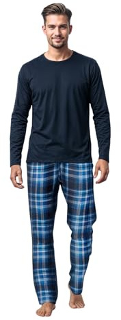 Style It Up Mens Long Sleeve Jersey Top Checked Brushed Cotton Flannel Bottoms Sleepwear Pajama Set Round Neck Warm Cosy Super Soft Adults Loungewear (BLUE, L)