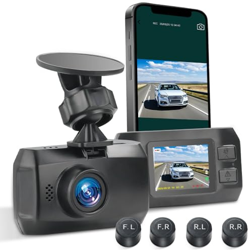 VSYSTO 2K Bilkamera med 4 däcktryckssensorer, WiFi, 1,5 Tums Mini Skärm för Bil, G-sensor, Loop Inspelning (M1C)