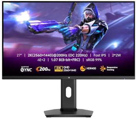 KTC Monitor Gaming 27 Pollici QHD 2560×1440, 200Hz (OC 210Hz), Fast IPS, 1ms GTG, HDR400, Adaptive Sync, Colori 10 Bit, Supporto Regolabile in Altezza, 2 × DP 1.4, 2 × HDMI 2.0