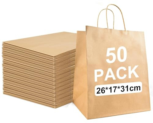 50 sacchetti di carta marrone con manici, 130 g/m² (26 x 17 x 31 cm), grandi sacchetti in carta kraft per affari, vendita al dettaglio, shopping e regali