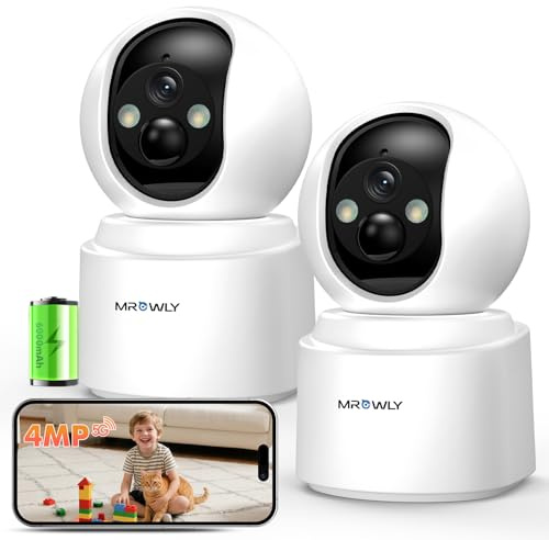 Mrowly 2 Unidades Camara Vigilancia WiFi Interior Sin Cable con Batería, 2.5K 4MP, 360° PTZ, Bebé/Animal/Seguridad para El Hogar, Detección PIR, Visión Nocturna Color, 2.4/5GHz WiFi, Tarjeta SD/Nube