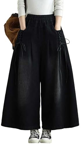 Pantalones Vaqueros Anchos Cortos para Mujer, Estilo Casual, Holgados, de Pierna Recta, con Cintura elástica, Color Negro, Talla Grande.