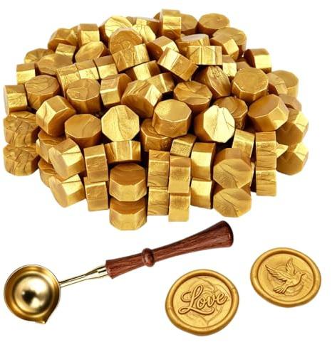 Kit Sceau Cire, 100 Pièces Perles de Cire à Cacheter Octogonales Doré | Cachet Élégant avec Cuillère à Fondre, Cachet de Cire pour Invitations Mariage, Enveloppes, Cartes et Cadeaux