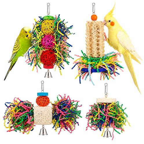 Lot de 4 Jouets à Déchiqueter pour Oiseaux, Luffa et Boules en Rotin | Accessoires suspendus avec papier froissé pour perruches, perroquets, calopsittes, conures et inséparables