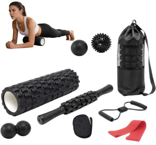 9 in 1 Foam Roller Set, 33cm Trigger Point Massage Kit | 9-piece recovery kit: foam roller, massage stick, 3 massage balls, 2 resistance bands, stretch strap and carry bag
