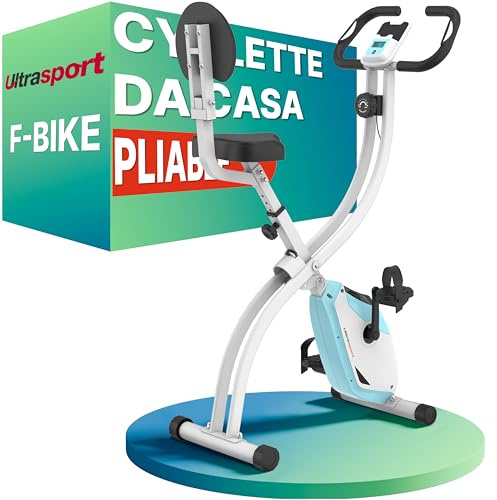 Ultrasport F-Bike 200B, trainer per bicicletta, cyclette pieghevole, con schienale, computer allenamento LCD, peso massimo utente 110 kg, misurazione frequenz cardiaca, 8 livelli di resistenza, Menta