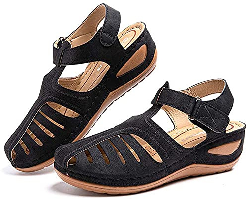 HHZY Sandalias con Punta Cerrada para Mujer Sandalias Cuñas Cabeza Redonda Verano Plataforma Ajuste Ancho Zapatos de Playa cómodas,Negro,43