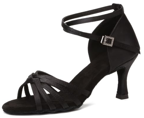 HIPPOSEUS Women's Latin Dance Shoes Black Open Toe Ballroom Salsa Dance Practice Shoes 3 inch Heel,4.5 UK
