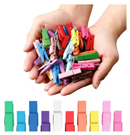Clothespins, Small Clothes Pins for Photos, 1.4'' 100 PCS Natural Birchwood Mini Clothes Pins, Strong Springs Colorful Clothespins with Storage Bag, Mini Clothespins for Photos, Crafts, Pictures, Art