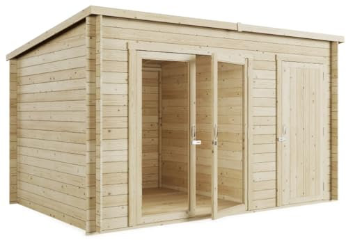 BillyOh Tianna 14x8 ft Log Cabin Summer House with Side Shed Store – Garden Room with Wide Double Doors, Storage Shed, Tongue and Groove Construction | Versatile Tiny Home for Garden Office or Storage