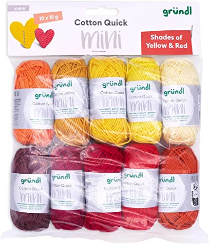 Gründl Wolle Cotton Quick Mini Shades - dünne Wolle zum Häkeln von kleinen Figuren - Glänzend und hautfreundlich - 100% Baumwolle - 10 Miniknäuel 15 g / 37 m - Nadelstärke 3-4 - gelb und rot