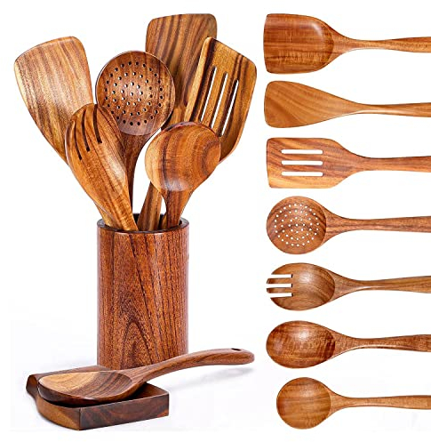 Hausdec 9 PCS Wooden Spoons for Cooking, Wooden Utensils for Cooking with Utensils Holder, Teak Wooden Kitchen Utensils Set