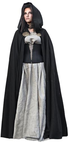 keland Mittelalter Umhang mit Kapuze Kapuzenumhang Cape für Halloween Cosplay mit Wikinger Broschen (Schwarz)