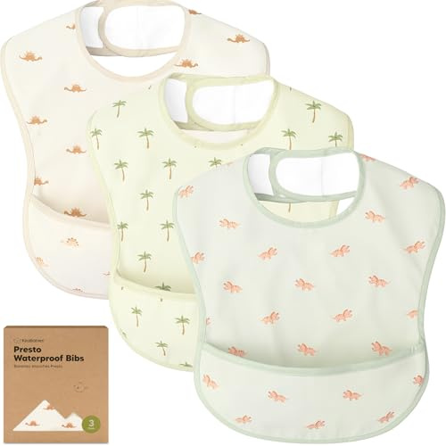 Paquete de 3 baberos impermeables para comer – Baberos ligeros con recogedor de alimentos, baberos resistentes a las manchas, baberos impermeables para bebés, niños, bebés, baberos (Roarsome)