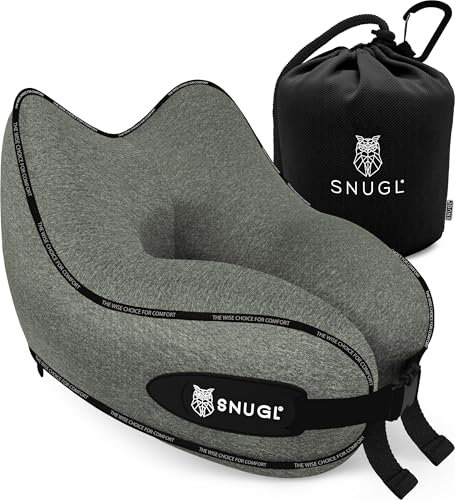 SNUGL Travel Pillow – Memory Foam Neck Pillow for Travel – Support Cushion for Airplane with Carry Bag & Clip - Holiday Essentials (Light Green - Adult Regular)