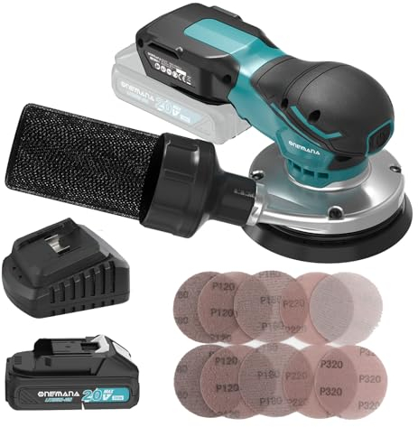 Lijadora Orbital Inalámbrica a Batería, ONEMANA 20V Professional Lijadora sin Escobillas 7 Ajustes de Velocidad 4000-10000RPM Ø Plato 125mm (con Batería)
