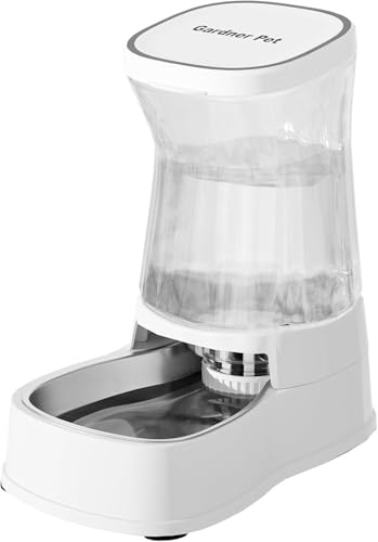 Gardner Pet 3.85L Distributeur Eau Chat Automatique, Gamelle Chat Automatique par Gravité, Distributeur Eau Chien avec Gamelle en Acier Inoxydable, Pas d'électricité, sans BPA (Blanc)