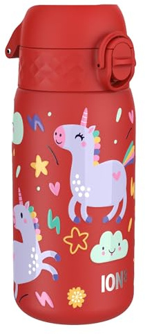 Ion8 Lightweight Steel Kids Water Bottle, 400ml/13oz, Red Unicorns | Non-Insulated, Leak Proof, Easy to Open, Secure Lock, Dishwasher Safe, Fits Cup Holders, Carry Handle, Metal Water Bottle