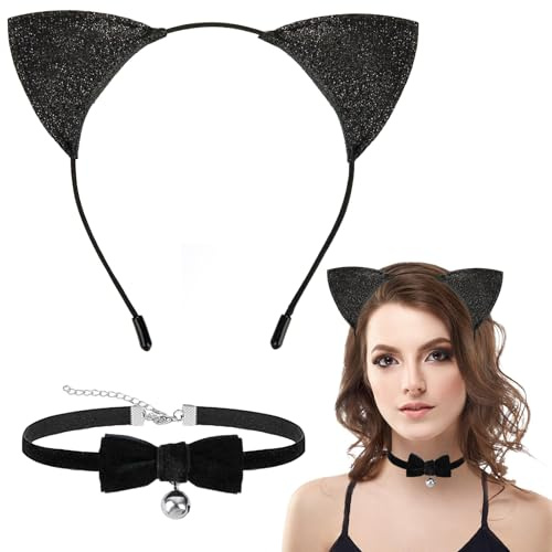 YUYWWAN Serre Tête Chat Noir + Collier avec Nœud et Cloche, Ensemble 2 Pièces, Oreilles de Chat Noir, Accessoires Chat pour Femme et Filles, Carnaval, Jeu de Rôle