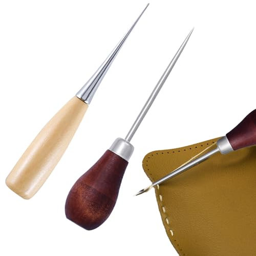Lot de 2 poinçons avec manche en bois, outil d'alêne, poinçon à coudre, alêne à coudre, alêne professionnel, kit de couture en cuir, alêne avec poignée en bois, alêne pour couture du cuir, outil à