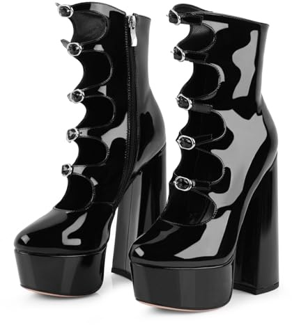 FancyQueen Black Platform Boots for Women, Black Patent Leather Chunky Platform Heels Goth Boots, Strap Buckle Side Zipper Gothic Block Heels