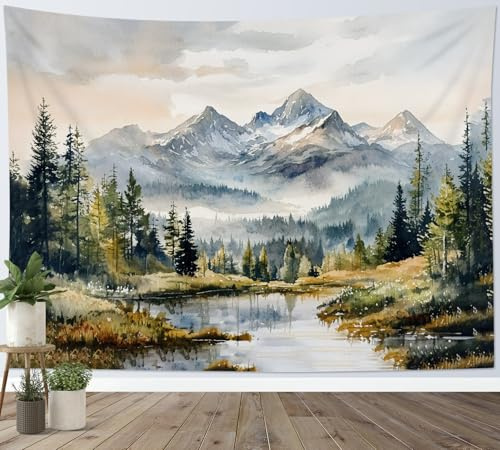 LB Tapiz de Pared Naturaleza Paisaje Arte Mural Árboles Verdes Bosque Montaña Gris Decoracion Pared para Dormitorios Salon,150x100cm