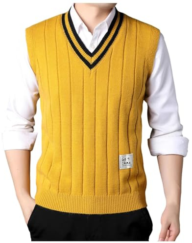 Pullunder - Chaleco de punto grueso para hombre, diseño de diamantes, sin mangas, informal, cuello en V, jersey de lana para hombre