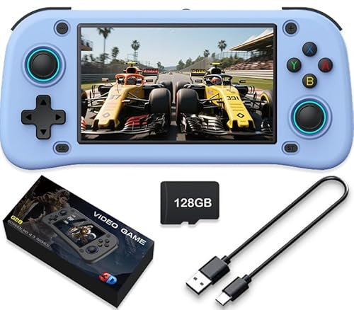 Console de jeu portable, 64 Go de mémoire interne avec 15 000 jeux, système Linux, console de jeu vidéo portable, écran IPS de 4,3, plus de 30 émulateurs et système Linux (bleu, 64 G)