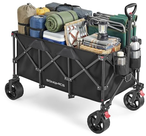 SONGMICS Carrello Spiaggia Pieghevole 200L, Carrellino da Trasporto 150 kg con Grandi Ruote Girevoli a 360°, 100 x 53 x 98 cm, per Campeggio e Spesa, Nero, Collezione Sandy GFW200B101