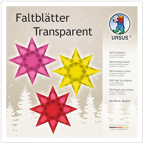 Ursus 2645199 - Faltblätter Transparentpapier, ca. 20 x 20 cm, 42 g/qm, 500 Blatt, sortiert in 10 Farben, durchgefärbt, ideale Grundlage für kreative Bastelarbeiten