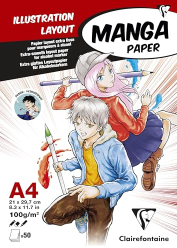 Clairefontaine 94042C Bloc Encollé Papier Manga et Illustration - 50 Feuilles Blanc Extra Lisse A4 21x29,7 cm 100g - idéal pour le Dessin au Feutre à Alcool