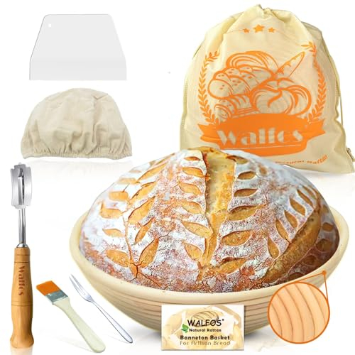 Banneton Proofing Basket Set - Walfos 23cm Round Sourdough Bread Basket, 100% Natural Rattan Bread Proofing basket, Bread Lame, Dough Scraper, Cloth Liner, Storage Bag, Cleaning Brush & Bread Fork