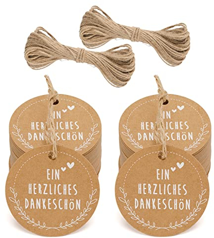 jijAcraft 100 Stück Geschenkanhänger EIN HERZLICHES DANKESCHÖN - Kraftpapier Anhänger Rund 5cm mit Jute Schnur 20m Hangtag Etiketten Vintage Etiketten Tags für Gastgeschenke Hochzeitsdeko DIY
