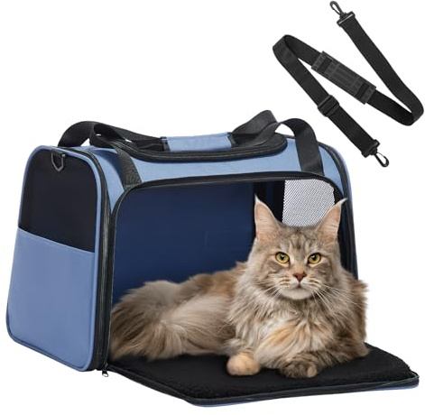 Petsfit Sac de Transport pour Chat et Petit Chien - Sac Transport Chat Léger avec Matelas Extensible et Sangle de Sécurité, Pliable et Aéré (L/Bleu)