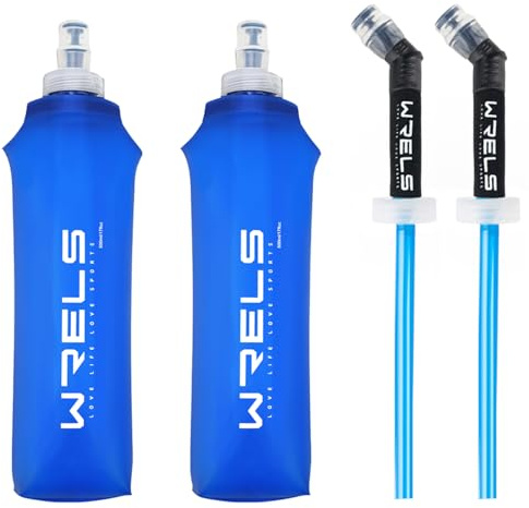 WRELS TPU Soft Flask 150ml/250ml/500ml Water Bottle,BPA Free Collapsible Hydration Flask for Running Hiking Cycling Climbing and Marathon (500ml/16.9oz with straw-2 Pack)