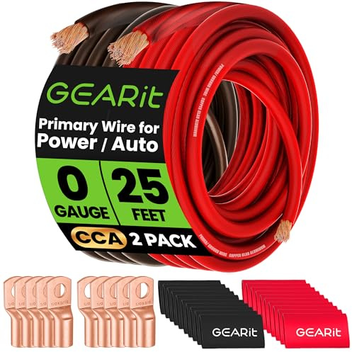 GEARit 0 Gauge Amp Wiring Kit CCA 3-in-1, 1/0 AWG Copper Clad Aluminum Power & Ground Cable, 25 ft Each Black & Red, with 10 Lugs & 20 Heat Shrink for Car Audio