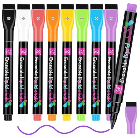 YUNAI Liquid Chalk Pens for Blackboards Magnetic, 8PCS Chalk Markers Wipeable for Chalkboard and Glass, Dry Erase Fine Tip Neon Color Chalkboard Pens