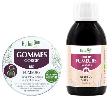 HerbalGem Sirop Fumeurs BIO, pour le Bien-être respiratoire du fumeur 250 ml BIO + Gommes gorge pour fumeurs 45GR