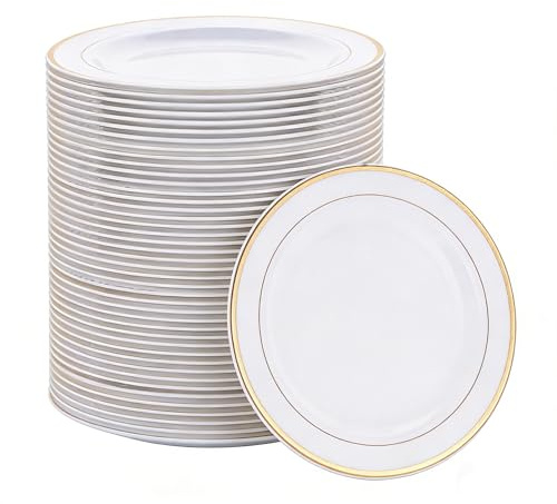 MUXHEL Assiettes en Plastique Réutilisables Blanches de 26 cm - Lot de 40 pour Fête (Blanc & Or)
