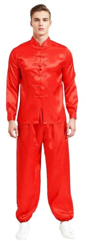 KKmeter Mens Martial Arts Suit Chinese Traditional Tang Suit Long Sleeve Yoga Top with pants Clothes Outfit (Red, 3X-Large)