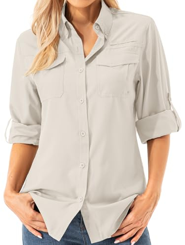 Asfixiado Damen Hemdbluse UV Shirt UPF 50+ Safari Kleidung Wanderbluse Damen Outdoor Cooling Quick Dry Sonnenschutz Langarm Luftiges Hemd（5072 Light Khaki M）