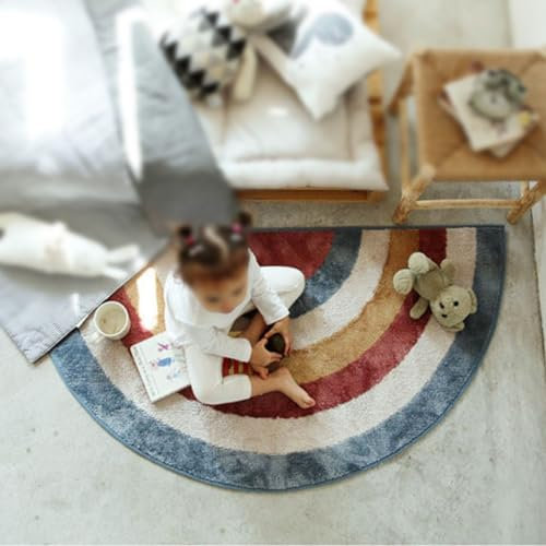 Taidianolp Halbkreis Teppich, rutschfest, waschbar, Mehrfarbig Regenbogen Geometrisch Blau Rot Orange Weiß,Teppich halbrund klein Küche Badezimmer,Colourful,60 x 120 cm